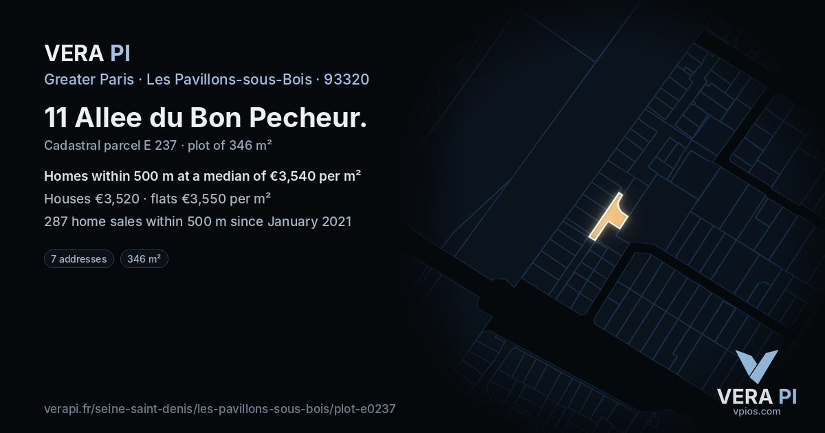 11 Allee du Bon Pecheur, Les Pavillons-sous-Bois at night – the plot lit, the parcels around coloured by the prices near them