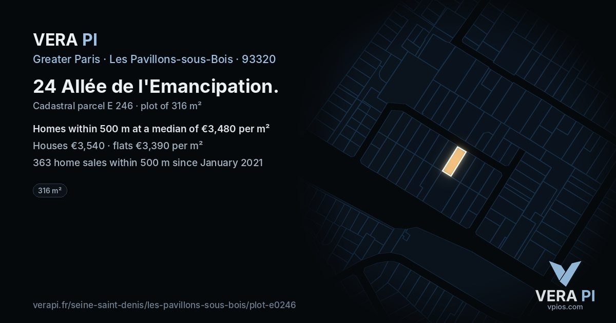 24 Allée de l'Emancipation, Les Pavillons-sous-Bois at night – the plot lit, the parcels around coloured by the prices near them