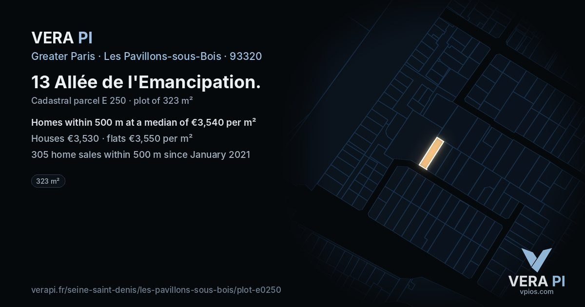 13 Allée de l'Emancipation, Les Pavillons-sous-Bois at night – the plot lit, the parcels around coloured by the prices near them