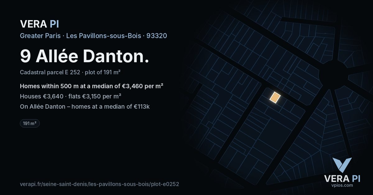 9 Allée Danton, Les Pavillons-sous-Bois at night – the plot lit, the parcels around coloured by the prices near them