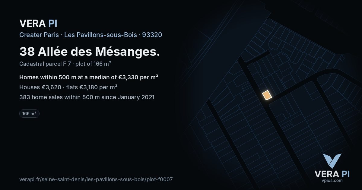 38 Allée des Mésanges, Les Pavillons-sous-Bois at night – the plot lit, the parcels around coloured by the prices near them