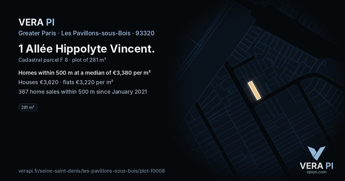 1 Allée Hippolyte Vincent, Les Pavillons-sous-Bois at night – the plot lit, the parcels around coloured by the prices near them