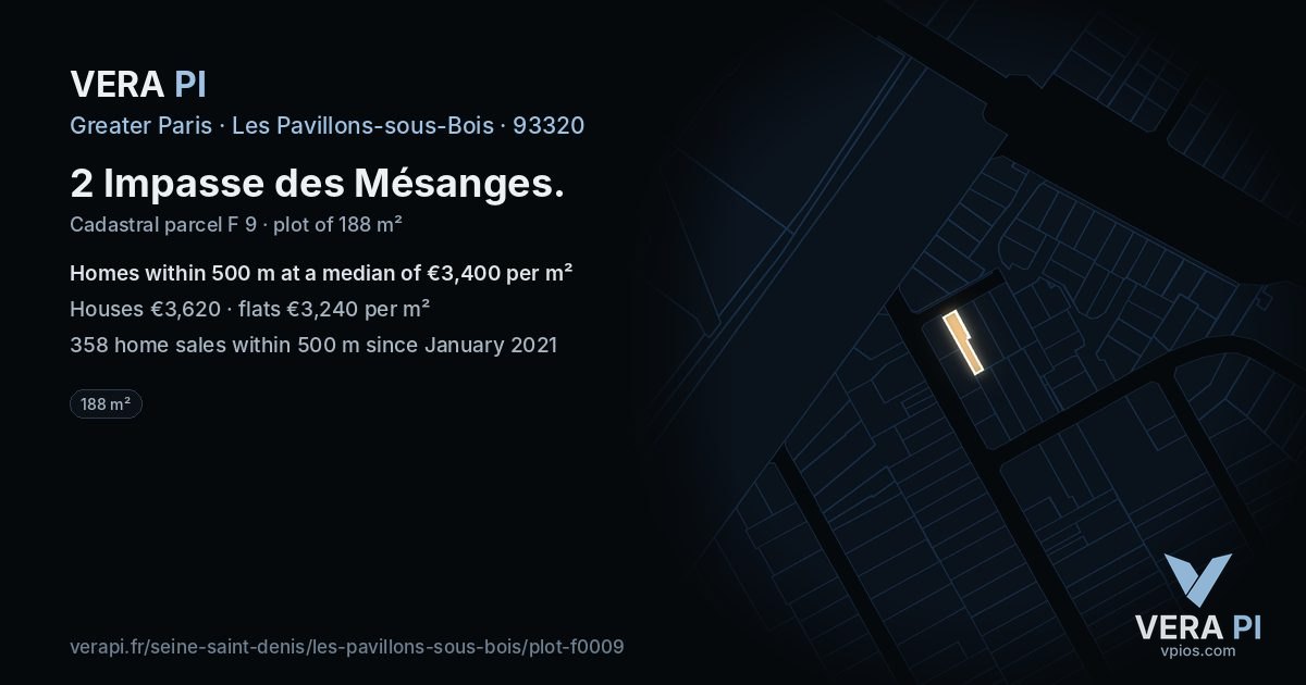 2 Impasse des Mésanges, Les Pavillons-sous-Bois at night – the plot lit, the parcels around coloured by the prices near them