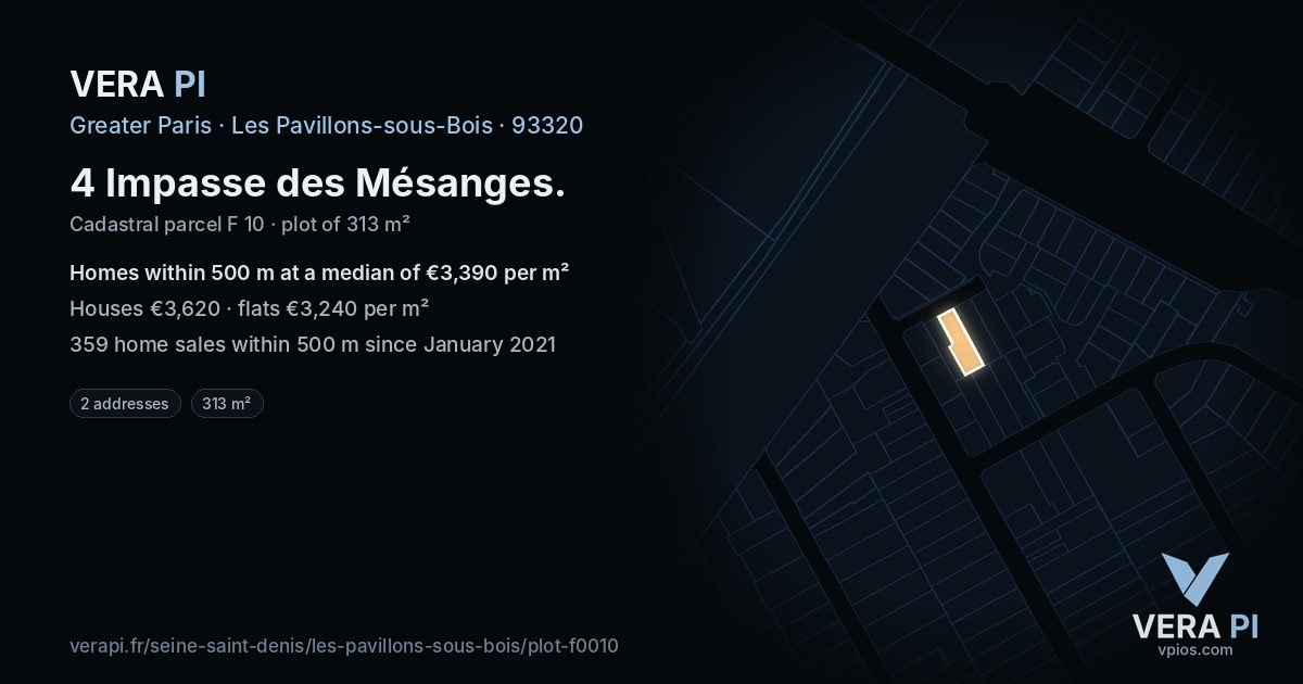 4 Impasse des Mésanges, Les Pavillons-sous-Bois at night – the plot lit, the parcels around coloured by the prices near them
