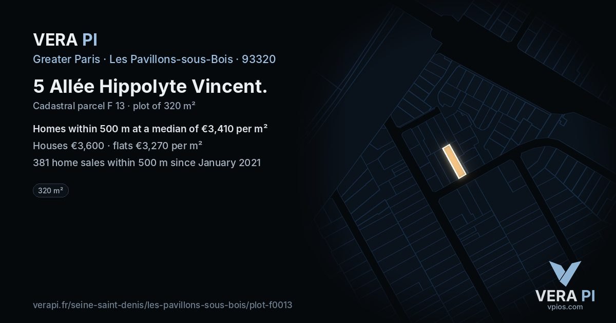 5 Allée Hippolyte Vincent, Les Pavillons-sous-Bois at night – the plot lit, the parcels around coloured by the prices near them