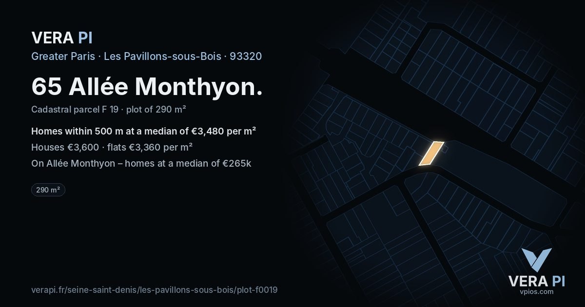 65 Allée Monthyon, Les Pavillons-sous-Bois at night – the plot lit, the parcels around coloured by the prices near them