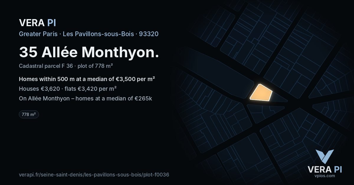 35 Allée Monthyon, Les Pavillons-sous-Bois at night – the plot lit, the parcels around coloured by the prices near them