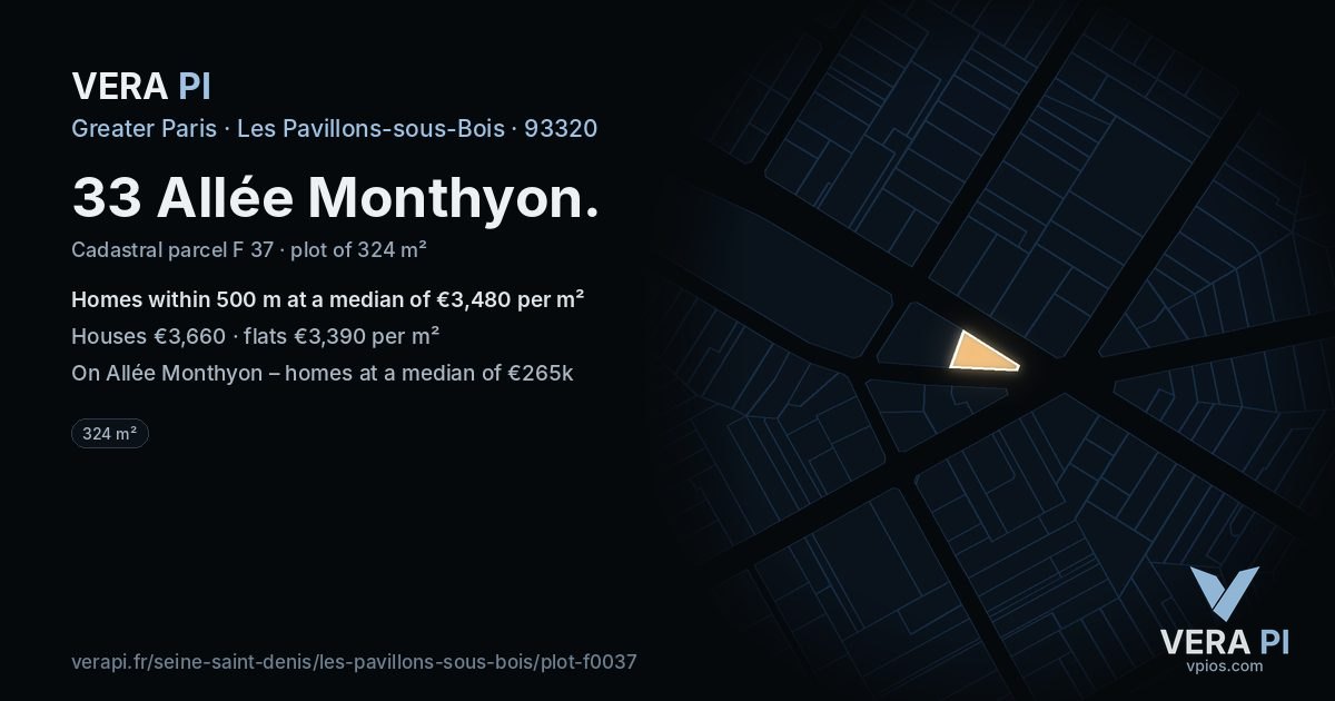 33 Allée Monthyon, Les Pavillons-sous-Bois at night – the plot lit, the parcels around coloured by the prices near them