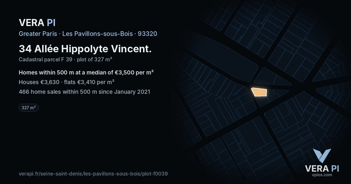 34 Allée Hippolyte Vincent, Les Pavillons-sous-Bois at night – the plot lit, the parcels around coloured by the prices near them