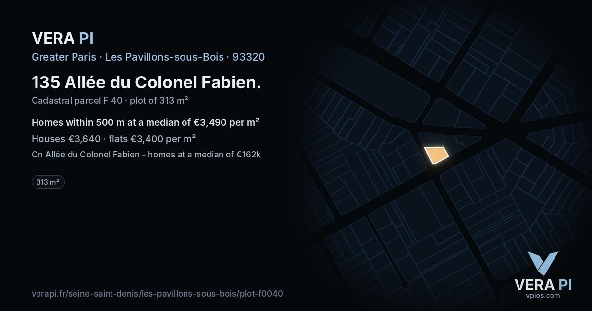 135 Allée du Colonel Fabien, Les Pavillons-sous-Bois at night – the plot lit, the parcels around coloured by the prices near them