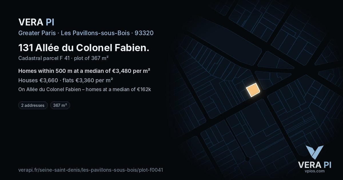 131 Allée du Colonel Fabien, Les Pavillons-sous-Bois at night – the plot lit, the parcels around coloured by the prices near them