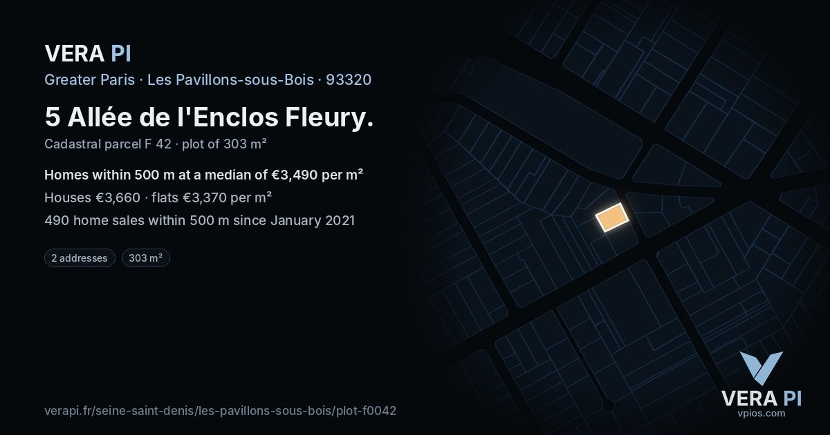 5 Allée de l'Enclos Fleury, Les Pavillons-sous-Bois at night – the plot lit, the parcels around coloured by the prices near them