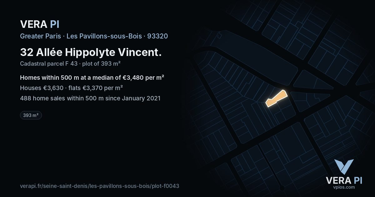 32 Allée Hippolyte Vincent, Les Pavillons-sous-Bois at night – the plot lit, the parcels around coloured by the prices near them