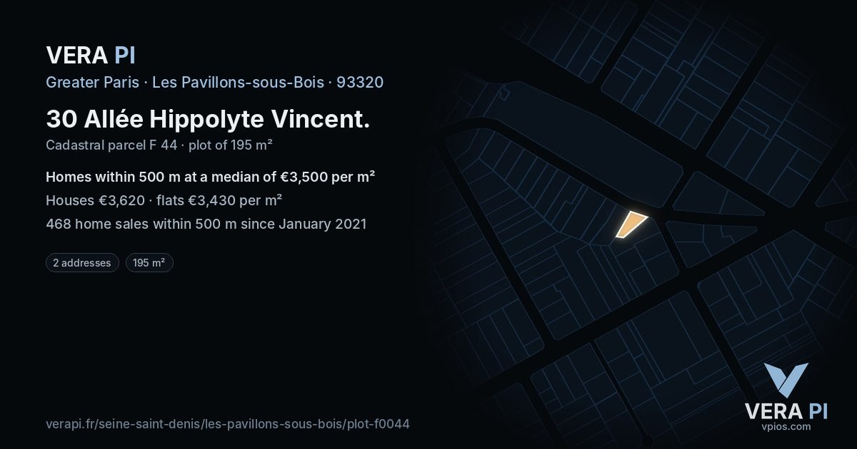 30 Allée Hippolyte Vincent, Les Pavillons-sous-Bois at night – the plot lit, the parcels around coloured by the prices near them