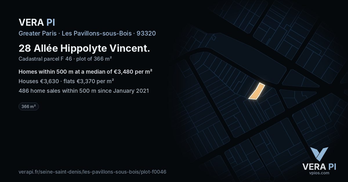 28 Allée Hippolyte Vincent, Les Pavillons-sous-Bois at night – the plot lit, the parcels around coloured by the prices near them