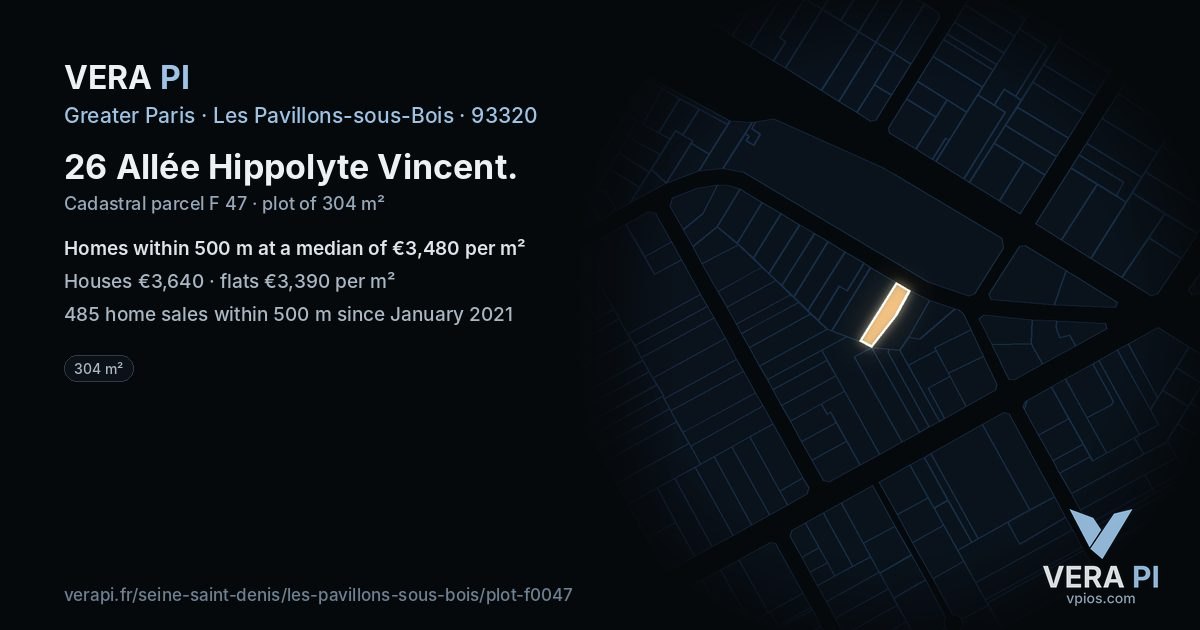 26 Allée Hippolyte Vincent, Les Pavillons-sous-Bois at night – the plot lit, the parcels around coloured by the prices near them