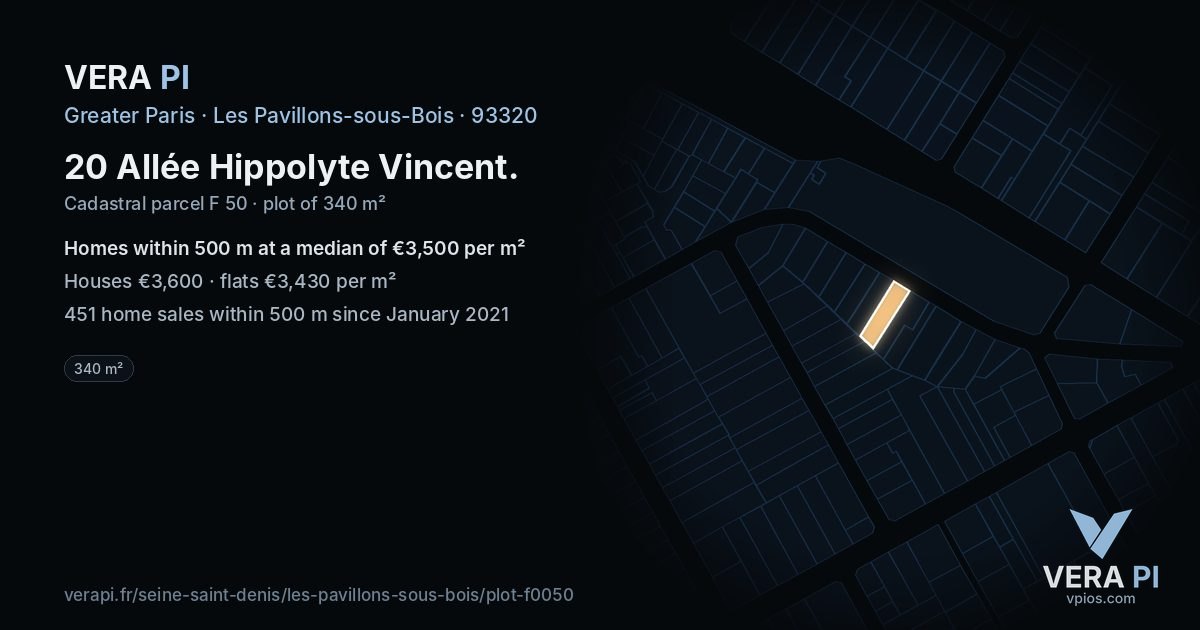 20 Allée Hippolyte Vincent, Les Pavillons-sous-Bois at night – the plot lit, the parcels around coloured by the prices near them