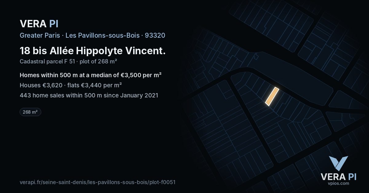 18 bis Allée Hippolyte Vincent, Les Pavillons-sous-Bois at night – the plot lit, the parcels around coloured by the prices near them