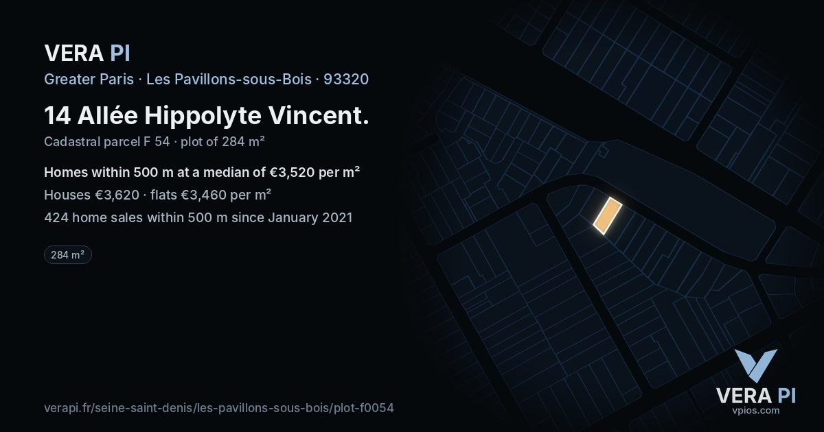 14 Allée Hippolyte Vincent, Les Pavillons-sous-Bois at night – the plot lit, the parcels around coloured by the prices near them