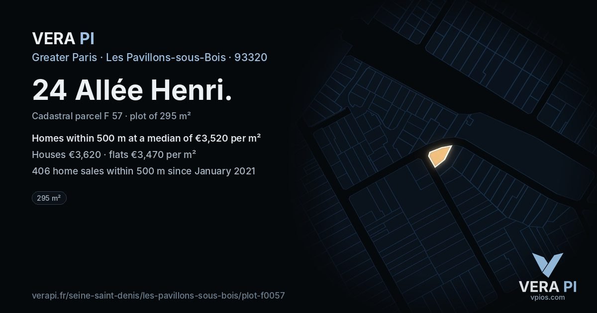24 Allée Henri, Les Pavillons-sous-Bois at night – the plot lit, the parcels around coloured by the prices near them