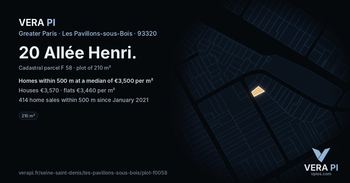 20 Allée Henri, Les Pavillons-sous-Bois at night – the plot lit, the parcels around coloured by the prices near them