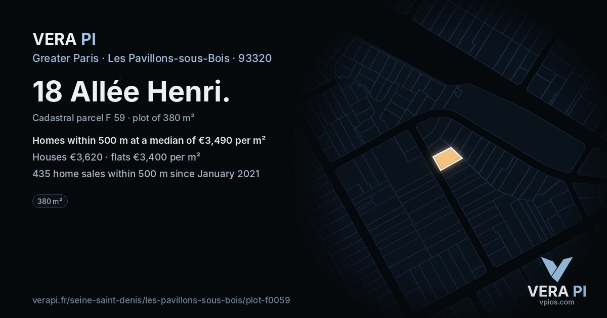 18 Allée Henri, Les Pavillons-sous-Bois at night – the plot lit, the parcels around coloured by the prices near them