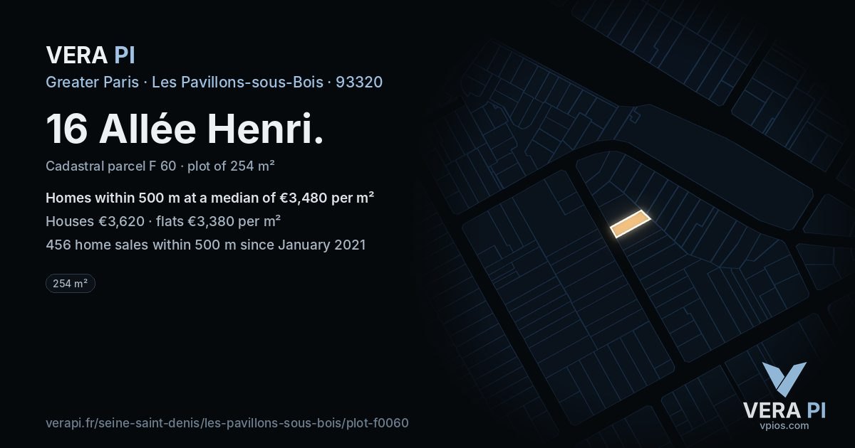 16 Allée Henri, Les Pavillons-sous-Bois at night – the plot lit, the parcels around coloured by the prices near them