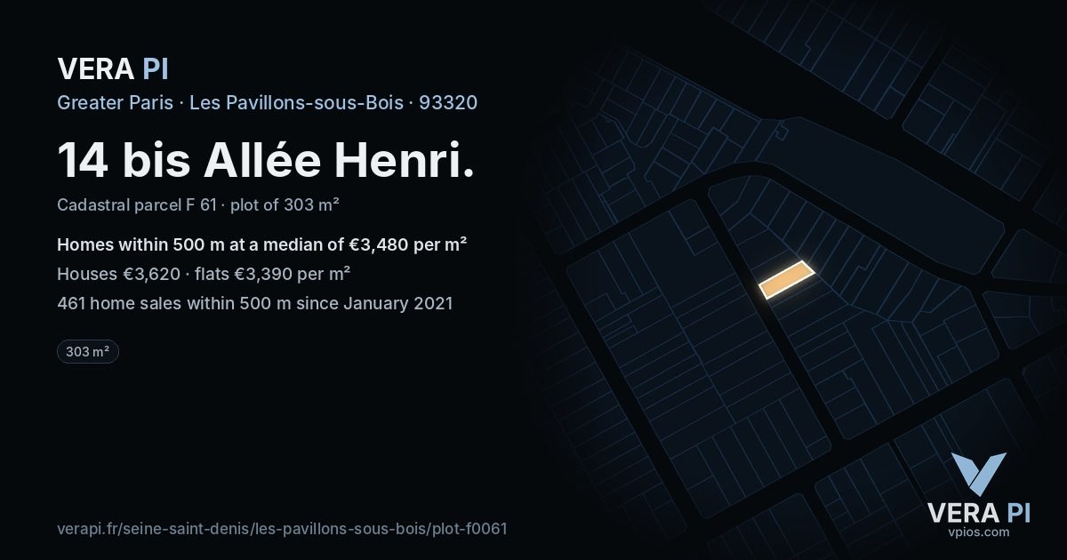 14 bis Allée Henri, Les Pavillons-sous-Bois at night – the plot lit, the parcels around coloured by the prices near them