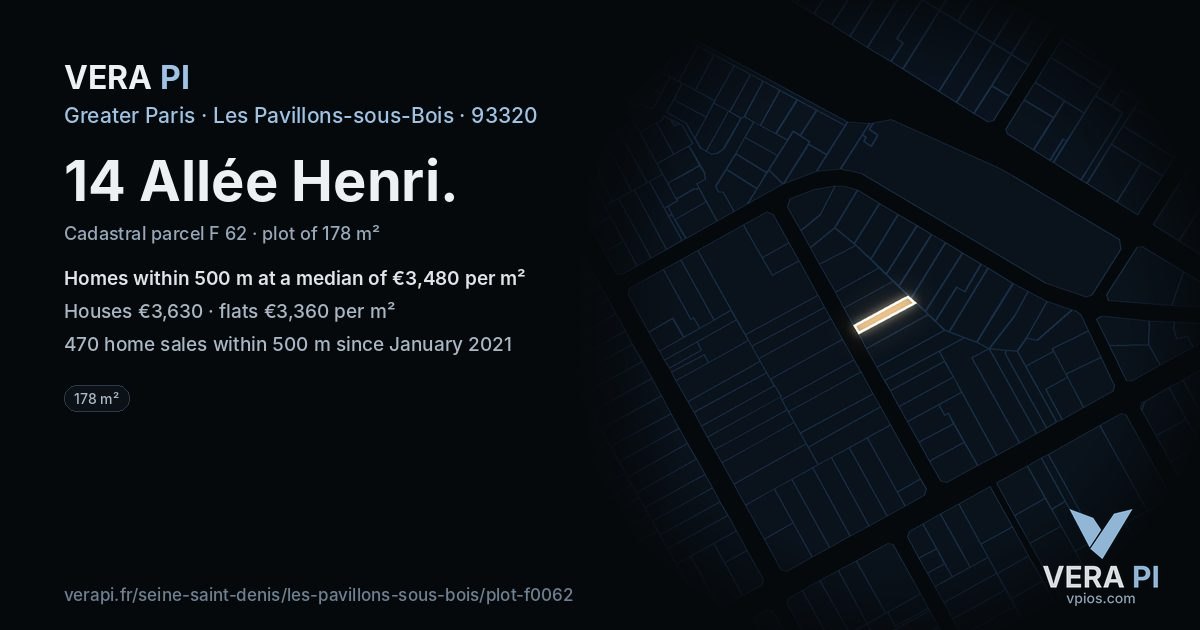 14 Allée Henri, Les Pavillons-sous-Bois at night – the plot lit, the parcels around coloured by the prices near them
