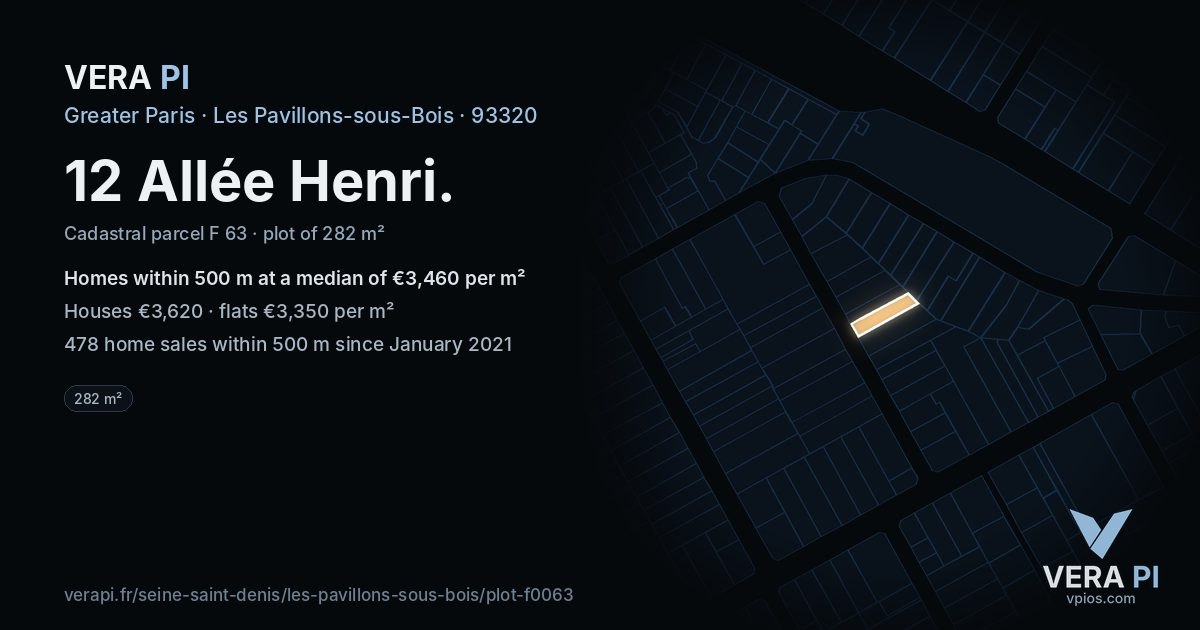 12 Allée Henri, Les Pavillons-sous-Bois at night – the plot lit, the parcels around coloured by the prices near them
