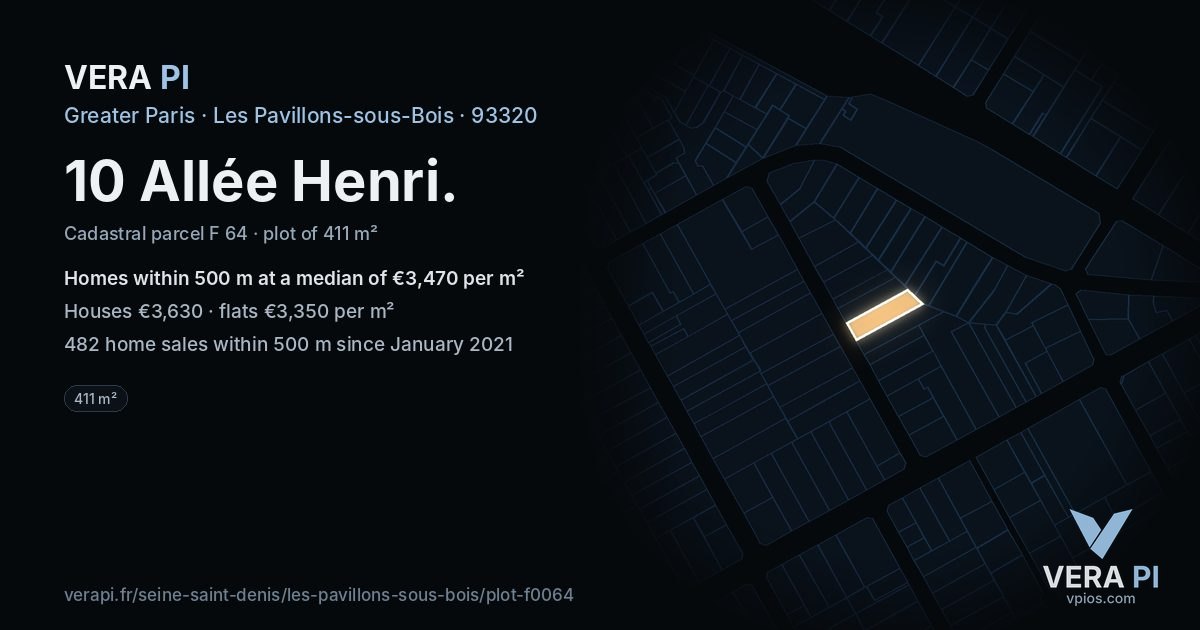10 Allée Henri, Les Pavillons-sous-Bois at night – the plot lit, the parcels around coloured by the prices near them