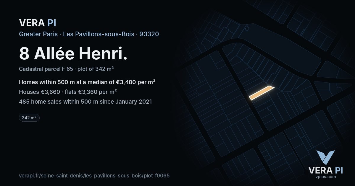 8 Allée Henri, Les Pavillons-sous-Bois at night – the plot lit, the parcels around coloured by the prices near them