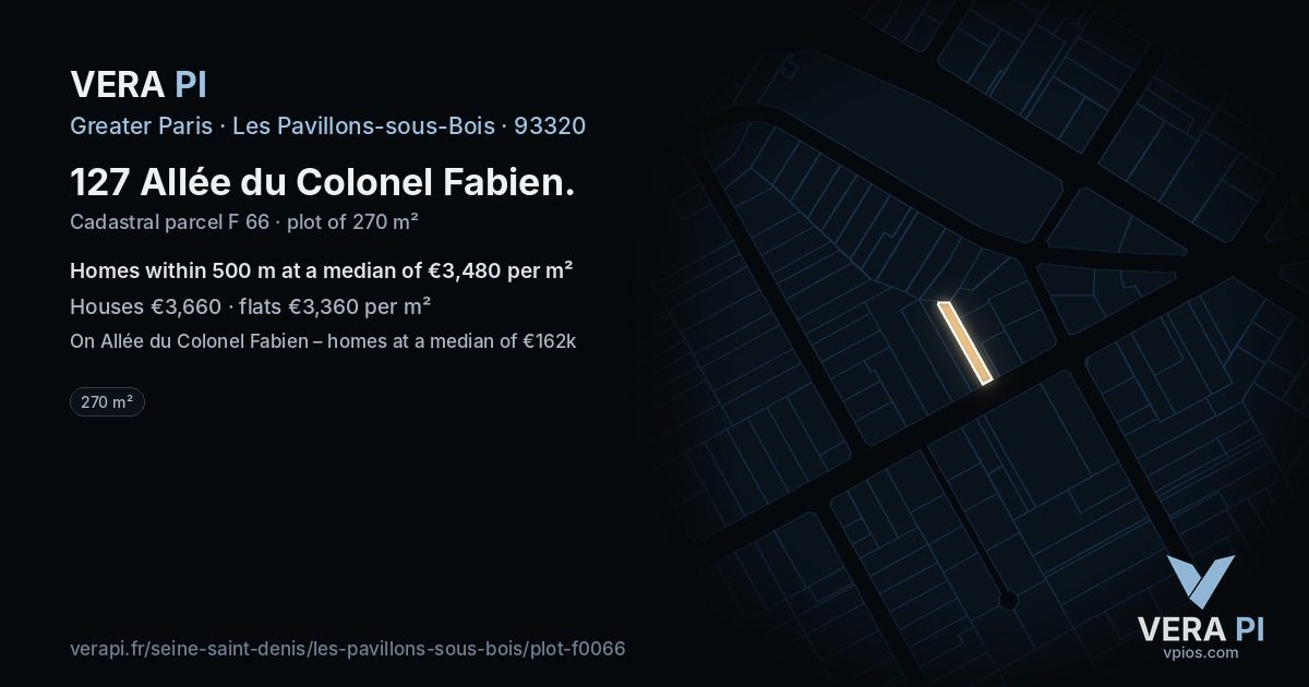 127 Allée du Colonel Fabien, Les Pavillons-sous-Bois at night – the plot lit, the parcels around coloured by the prices near them