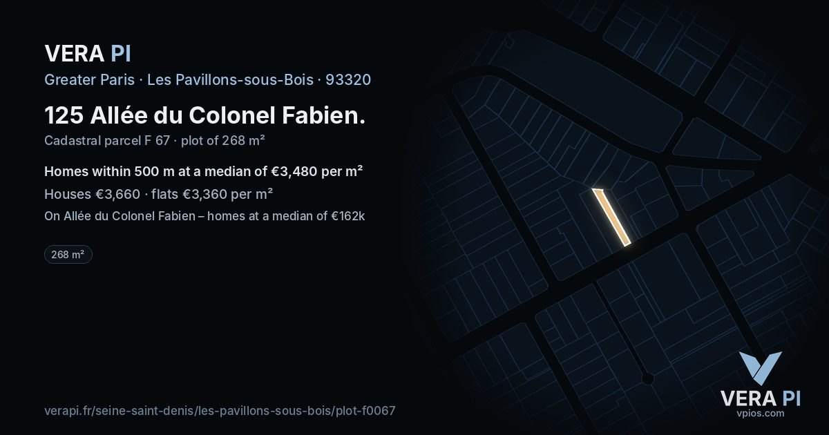 125 Allée du Colonel Fabien, Les Pavillons-sous-Bois at night – the plot lit, the parcels around coloured by the prices near them