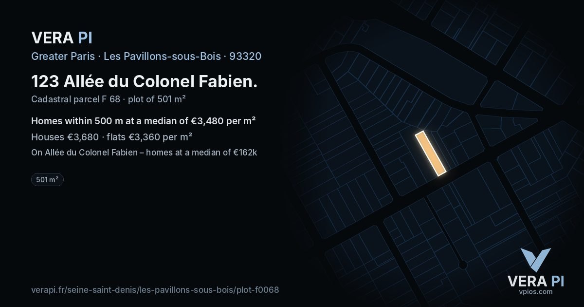 123 Allée du Colonel Fabien, Les Pavillons-sous-Bois at night – the plot lit, the parcels around coloured by the prices near them