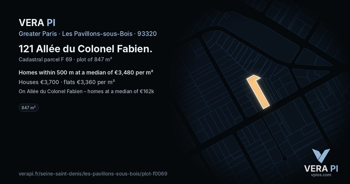 121 Allée du Colonel Fabien, Les Pavillons-sous-Bois at night – the plot lit, the parcels around coloured by the prices near them