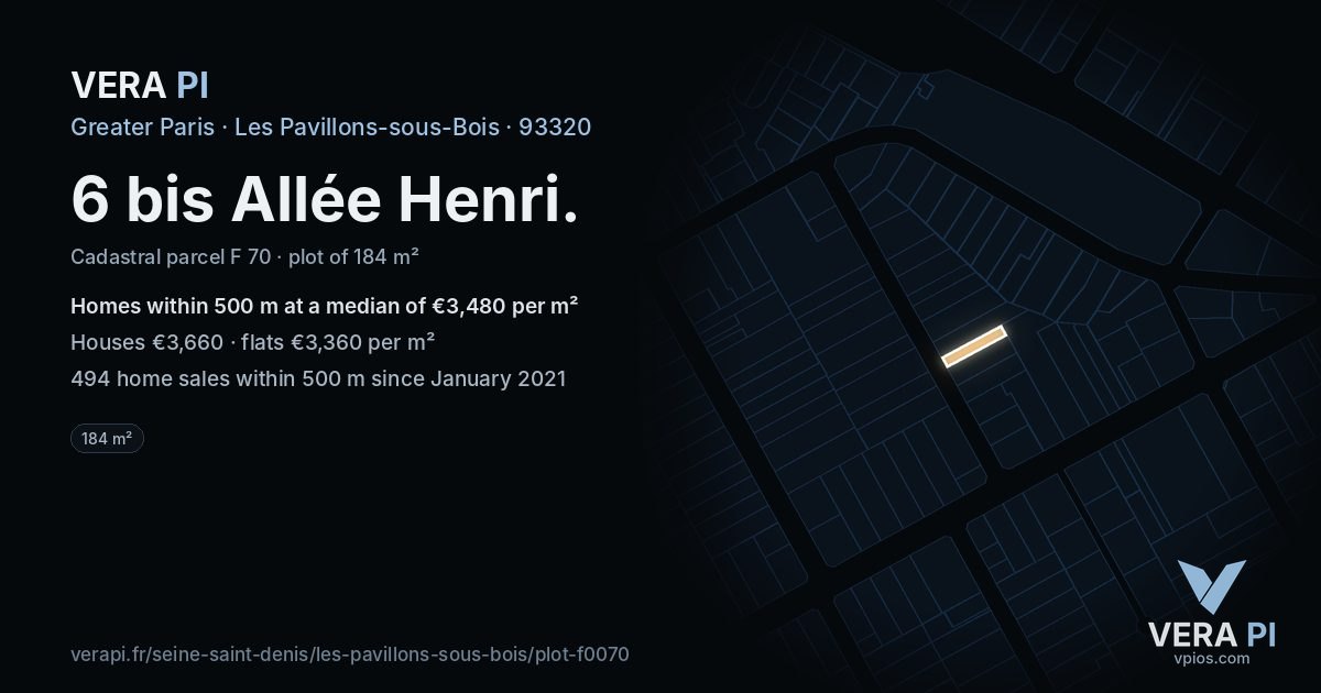 6 bis Allée Henri, Les Pavillons-sous-Bois at night – the plot lit, the parcels around coloured by the prices near them