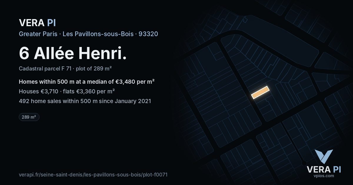 6 Allée Henri, Les Pavillons-sous-Bois at night – the plot lit, the parcels around coloured by the prices near them