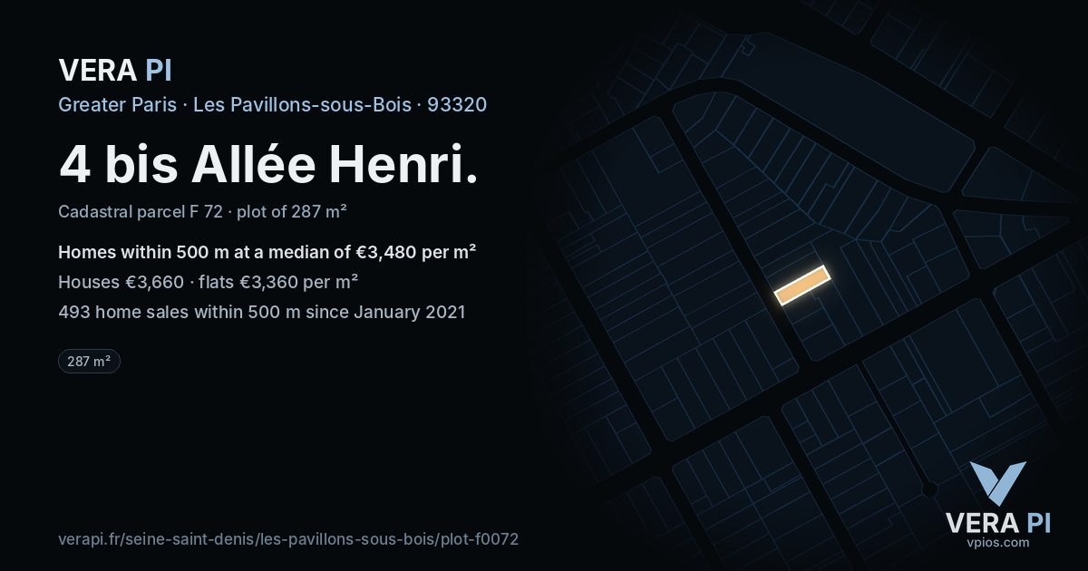 4 bis Allée Henri, Les Pavillons-sous-Bois at night – the plot lit, the parcels around coloured by the prices near them