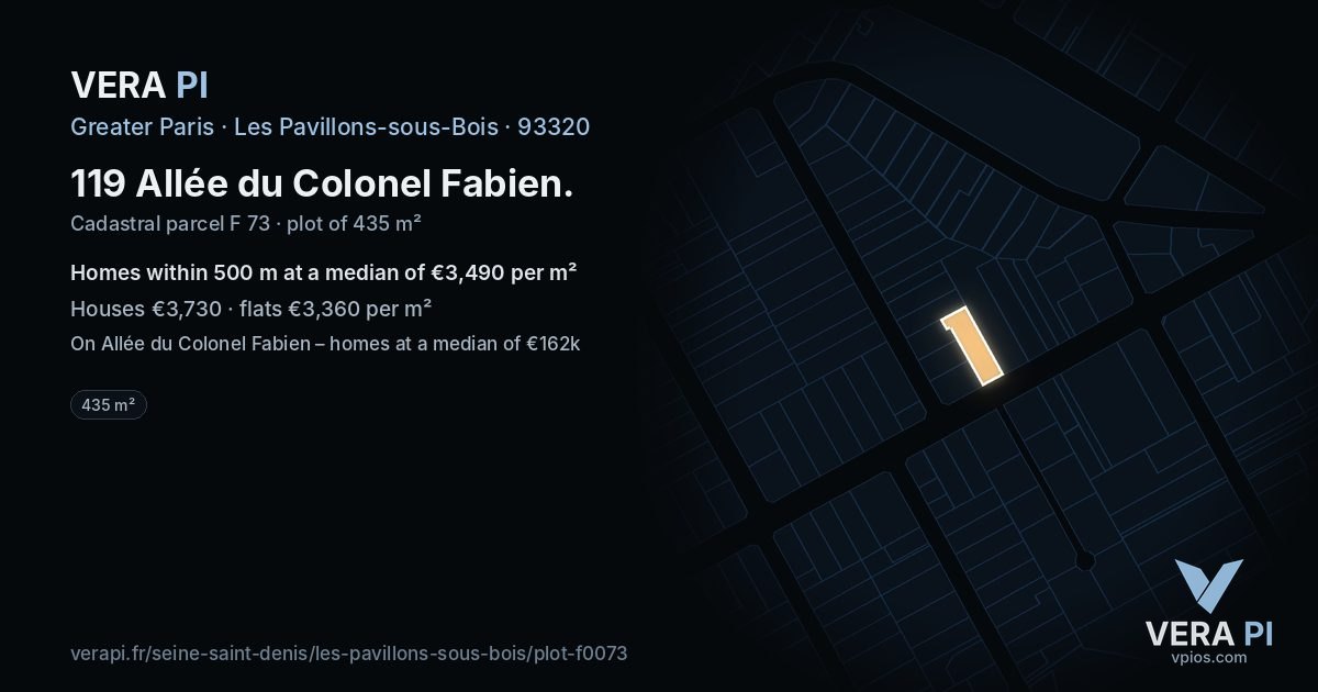 119 Allée du Colonel Fabien, Les Pavillons-sous-Bois at night – the plot lit, the parcels around coloured by the prices near them