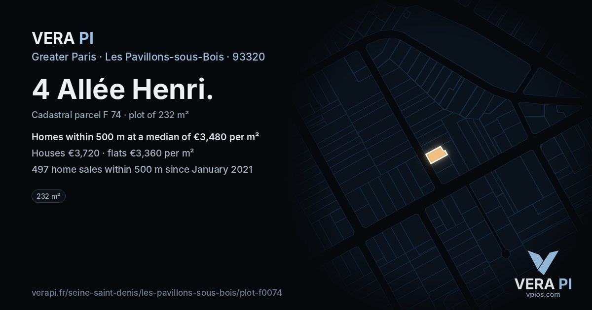 4 Allée Henri, Les Pavillons-sous-Bois at night – the plot lit, the parcels around coloured by the prices near them