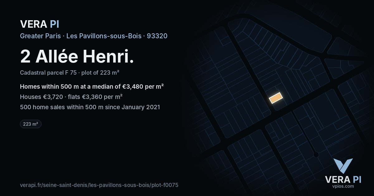 2 Allée Henri, Les Pavillons-sous-Bois at night – the plot lit, the parcels around coloured by the prices near them