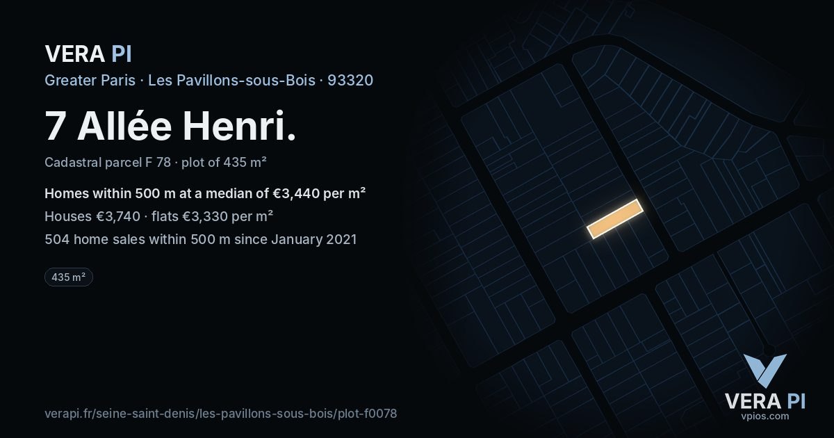 7 Allée Henri, Les Pavillons-sous-Bois at night – the plot lit, the parcels around coloured by the prices near them