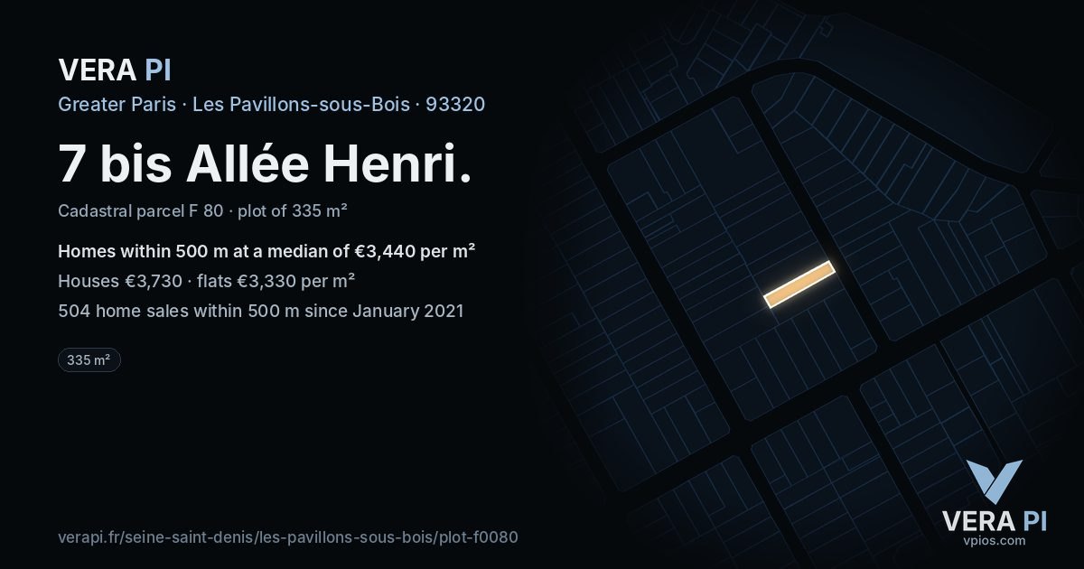 7 bis Allée Henri, Les Pavillons-sous-Bois at night – the plot lit, the parcels around coloured by the prices near them