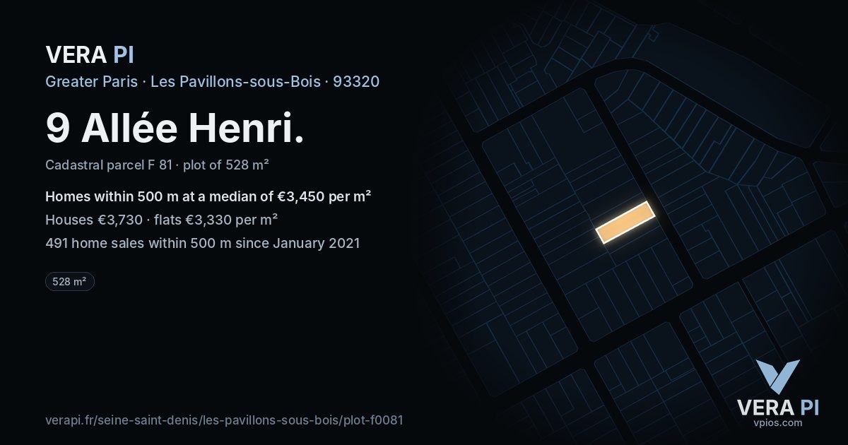 9 Allée Henri, Les Pavillons-sous-Bois at night – the plot lit, the parcels around coloured by the prices near them