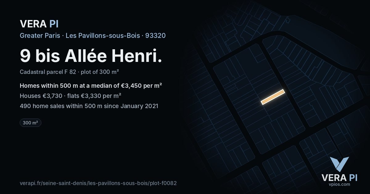 9 bis Allée Henri, Les Pavillons-sous-Bois at night – the plot lit, the parcels around coloured by the prices near them
