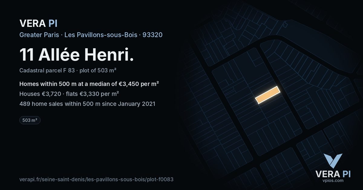 11 Allée Henri, Les Pavillons-sous-Bois at night – the plot lit, the parcels around coloured by the prices near them