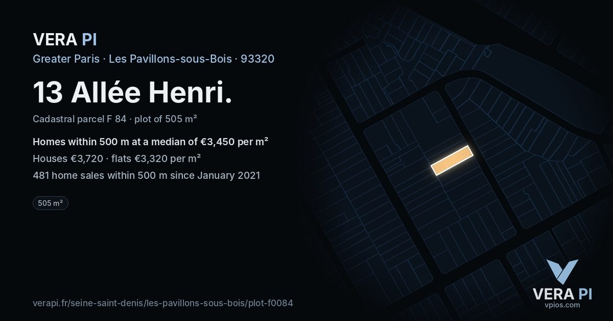 13 Allée Henri, Les Pavillons-sous-Bois at night – the plot lit, the parcels around coloured by the prices near them