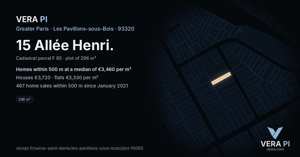 15 Allée Henri, Les Pavillons-sous-Bois at night – the plot lit, the parcels around coloured by the prices near them