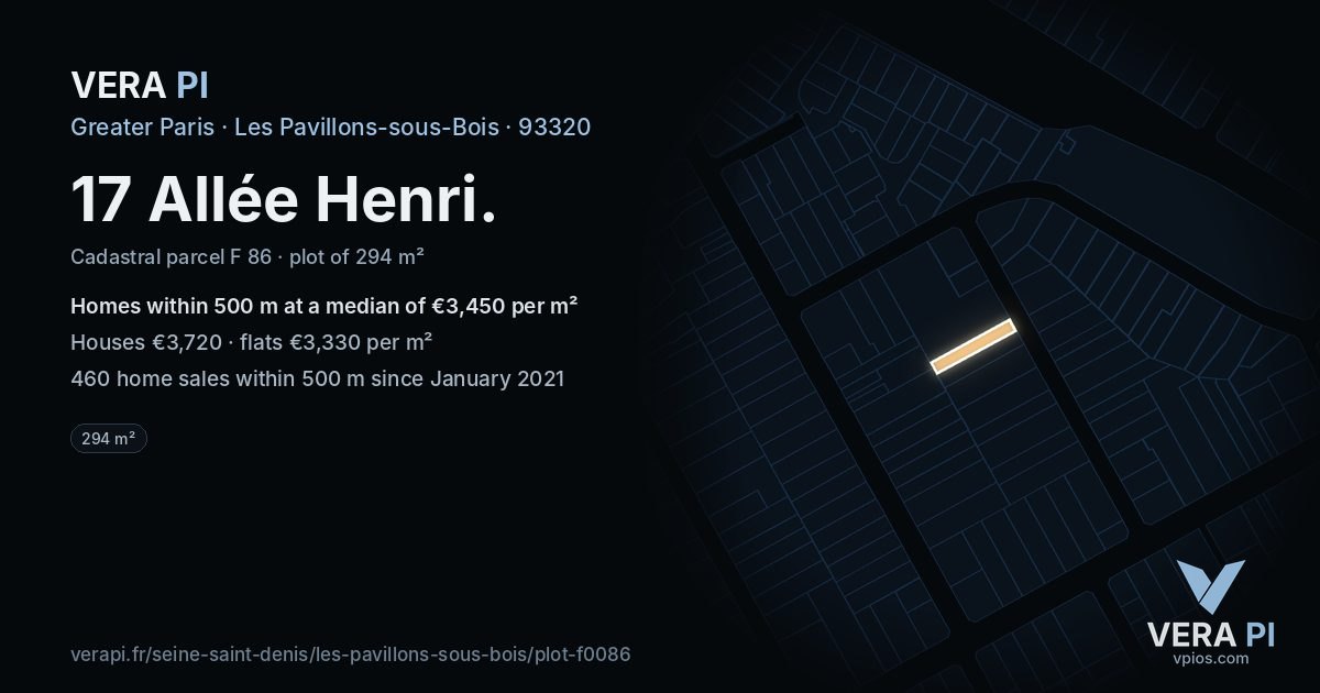 17 Allée Henri, Les Pavillons-sous-Bois at night – the plot lit, the parcels around coloured by the prices near them